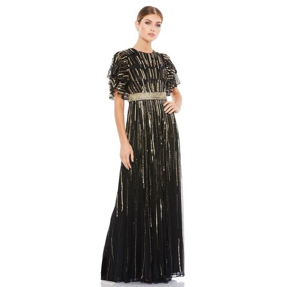 NWT Mac Duggal 93582D Layered Sleeve Embellished Dress Black & Gold Sz 12 *READ* - Picture 1 of 15